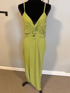 Lime Green Textured Midi Dress Ruched Front Bodycon Spaghetti Strap